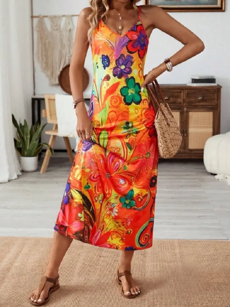 2024 Amazon's new European and American women's print halter dress cross-border holiday casual dress