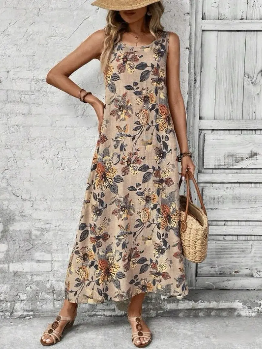 2025 Summer New Fashion Sleeveless Floral Print Round Neck A-line Dress