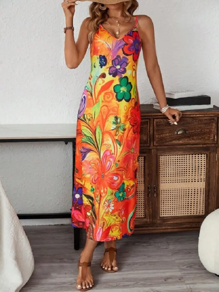 2024 Amazon's new European and American women's print halter dress cross-border holiday casual dress