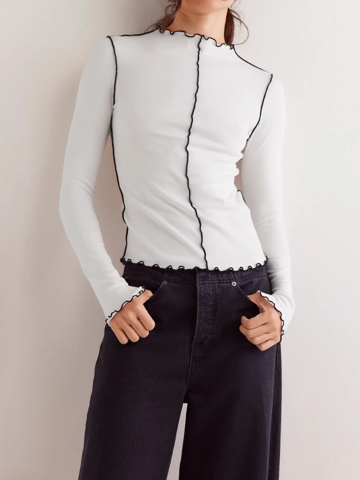 2025 New Contrasting Rolled Half-Turtleneck Long Sleeve T-Shirt Trendy Slim Versatile Base Layer