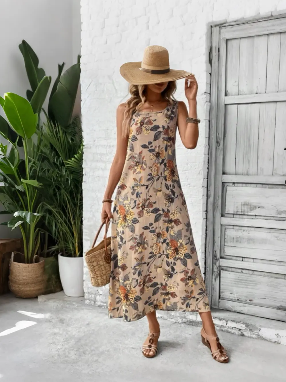 2025 Summer New Fashion Sleeveless Floral Print Round Neck A-line Dress