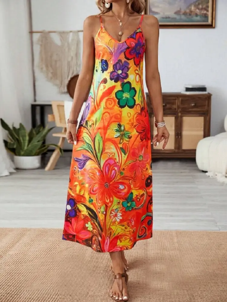 2024 Amazon's new European and American women's print halter dress cross-border holiday casual dress