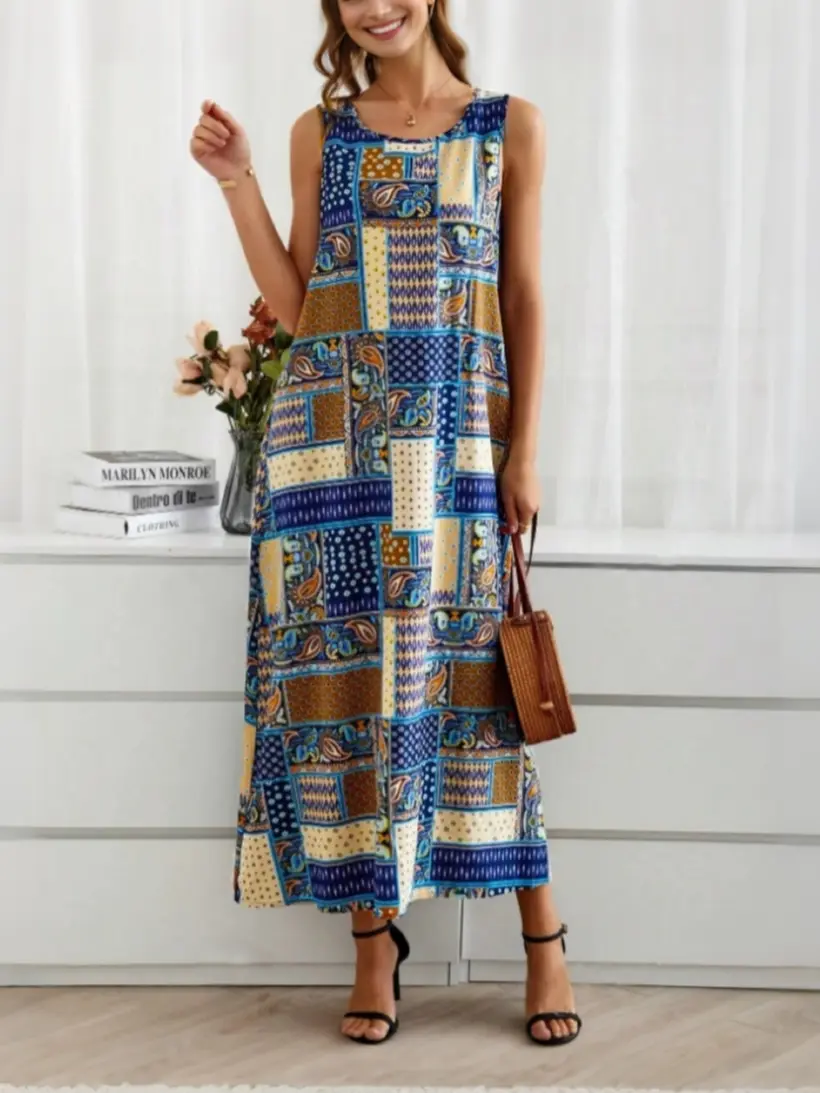 Ethnic style patchwork print dress casual U neck sleeveless dress spring summer 2025 women