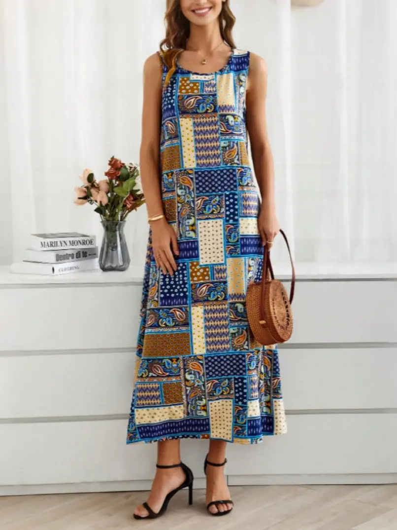 Ethnic style patchwork print dress casual U neck sleeveless dress spring summer 2025 women