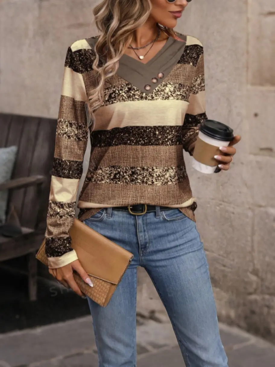 2025 New Women's Fall/Winter Three-Button Simple and Fashionable V-Neck Long Sleeve Top