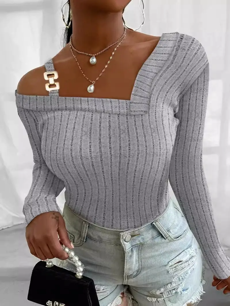 2025 full size stock women's buckle shoulder strap off-the-shoulder pit top, slim fit, fashion design shoulders
