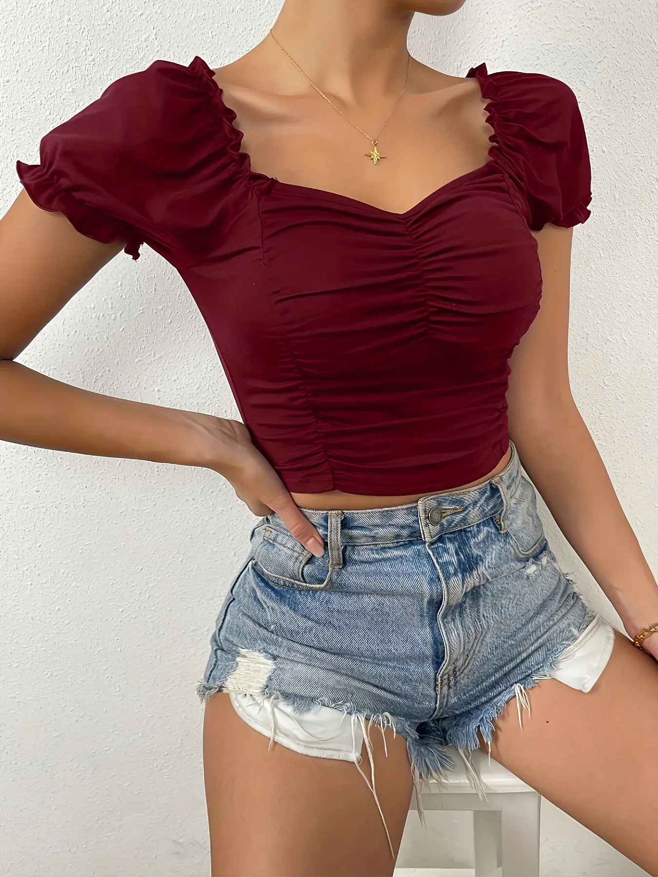 fashion square collar slim lace short-sleeved short T-shirt pleated design pure color top