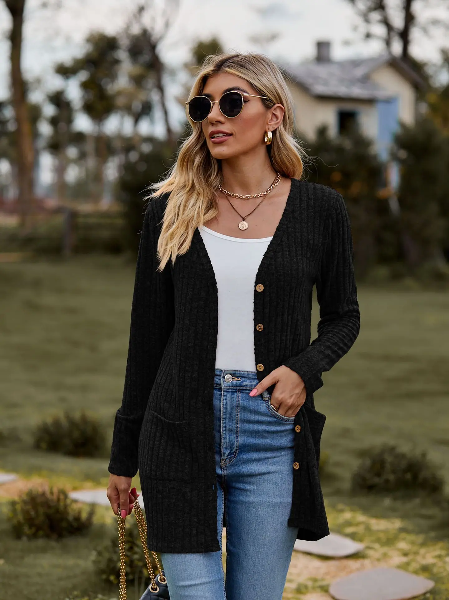 Buttoned Outwear Women's Brushed Pit Strip Pure Color Long-Sleeved Ladies Cardigan