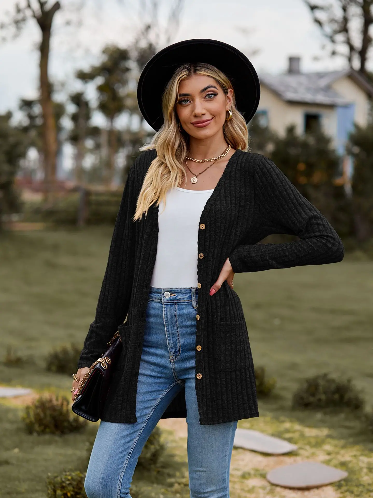 Buttoned Outwear Women's Brushed Pit Strip Pure Color Long-Sleeved Ladies Cardigan
