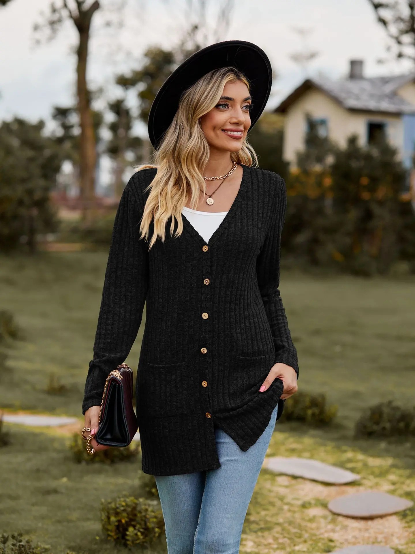 Buttoned Outwear Women's Brushed Pit Strip Pure Color Long-Sleeved Ladies Cardigan