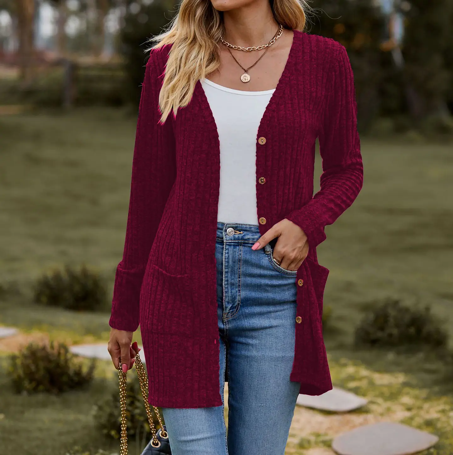 Buttoned Outwear Women's Brushed Pit Strip Pure Color Long-Sleeved Ladies Cardigan