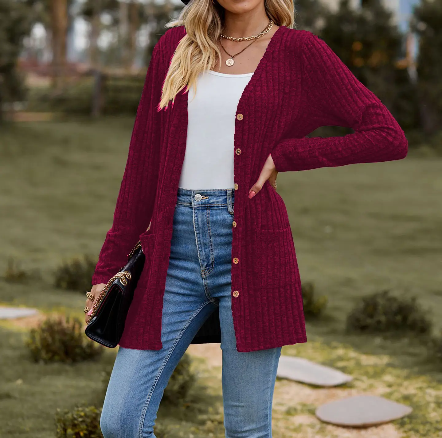 Buttoned Outwear Women's Brushed Pit Strip Pure Color Long-Sleeved Ladies Cardigan