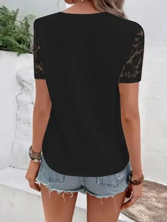 Spring and summer European and American new women's pure color lace short-sleeved v neck