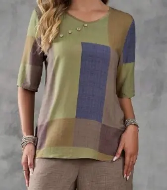 Summer New Women's Geometric Print round Neck Short Sleeve Top European And American  Woven Fashion Female Upperwear