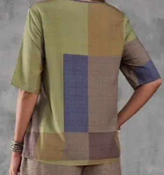 Summer New Women's Geometric Print round Neck Short Sleeve Top European And American  Woven Fashion Female Upperwear