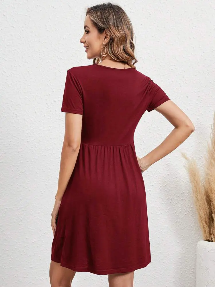 Elastic Waist Short Sleeve Dress Knitted Round Neck Short Sleeve Dress