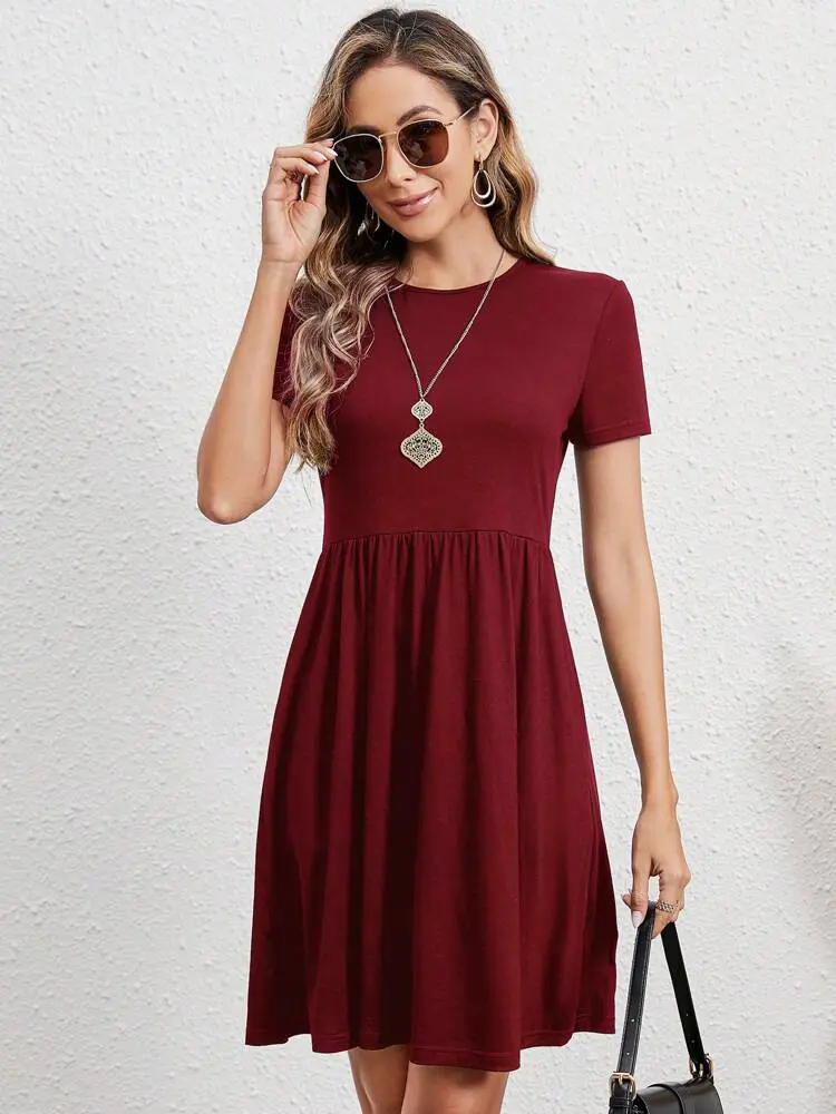Elastic Waist Short Sleeve Dress Knitted Round Neck Short Sleeve Dress