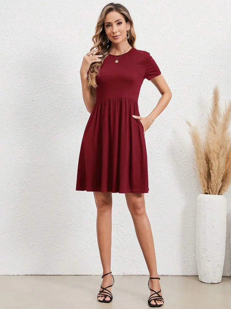 Elastic Waist Short Sleeve Dress Knitted Round Neck Short Sleeve Dress