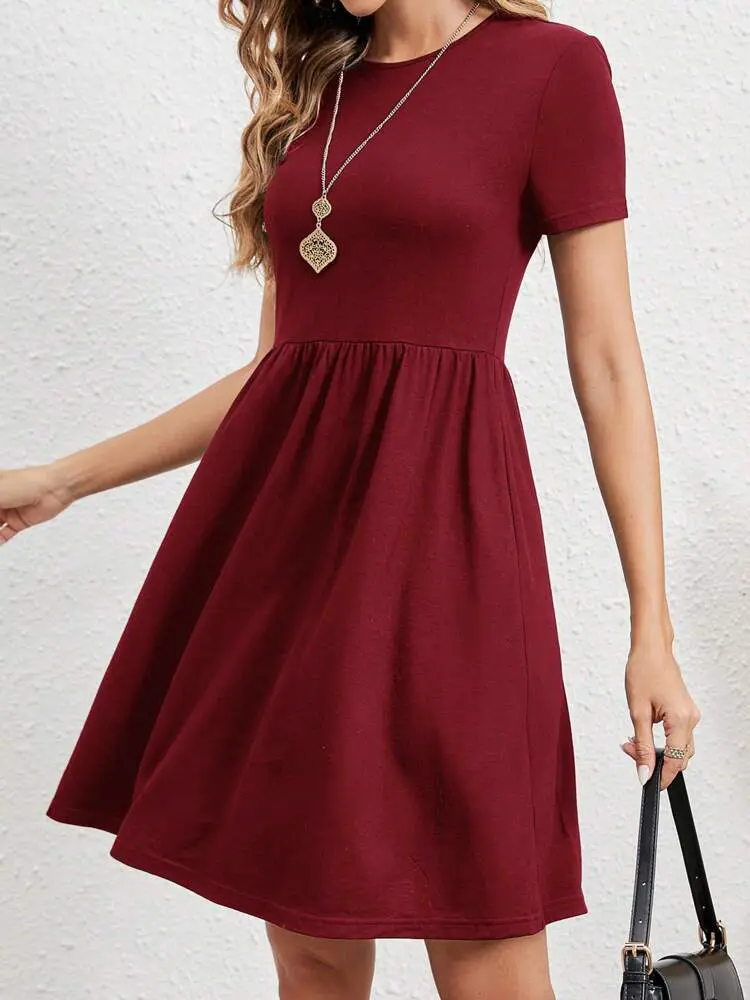 Elastic Waist Short Sleeve Dress Knitted Round Neck Short Sleeve Dress