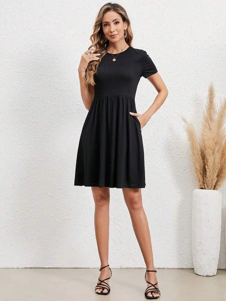 Elastic Waist Short Sleeve Dress Knitted Round Neck Short Sleeve Dress