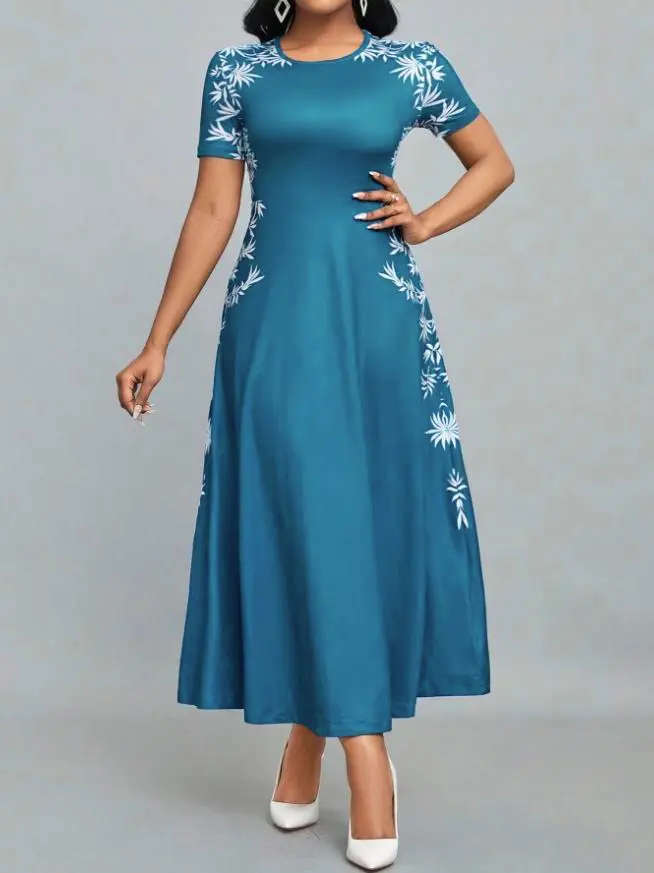 2025 Fashion High Waist Printed Dress Elegant round Neck Women's Dress Stylish Cross-Border New Model from Europe And America
