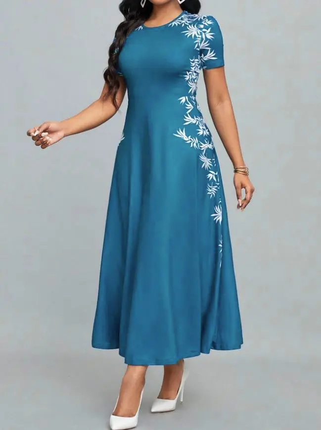 2025 Fashion High Waist Printed Dress Elegant round Neck Women's Dress Stylish Cross-Border New Model from Europe And America