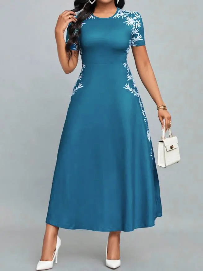 2025 Fashion High Waist Printed Dress Elegant round Neck Women's Dress Stylish Cross-Border New Model from Europe And America