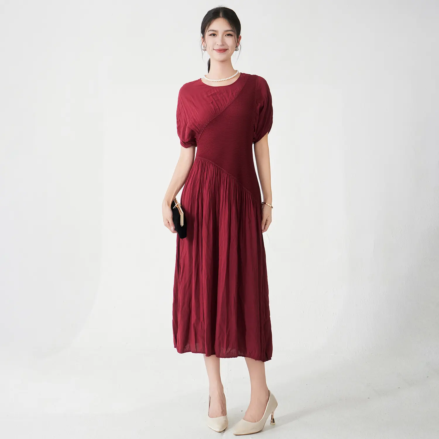 LANMREM Women's Summer Elastic Slimming Pleated Dress High-End 2025 New Irregular Patchwork Design Short Sleeve Clothing 2DB4262