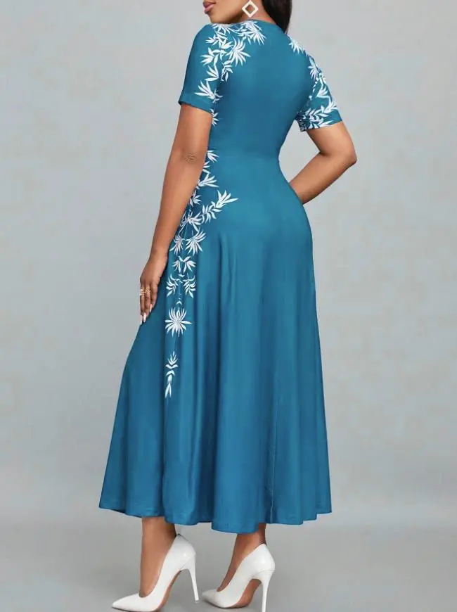2025 Fashion High Waist Printed Dress Elegant round Neck Women's Dress Stylish Cross-Border New Model from Europe And America