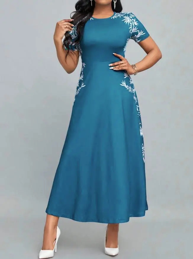 2025 Fashion High Waist Printed Dress Elegant round Neck Women's Dress Stylish Cross-Border New Model from Europe And America
