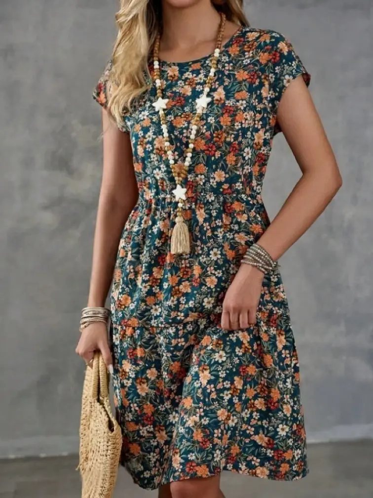 2025 Amazon Global New Women's Elegant Printed Elastic Waist Short Sleeve Round Neck Dress