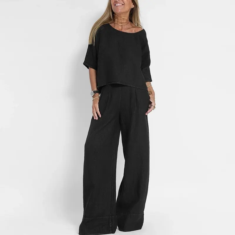 Casual fashion pocket trousers beach suit spring and summer short sleeve suit for women pure color linen two pieces