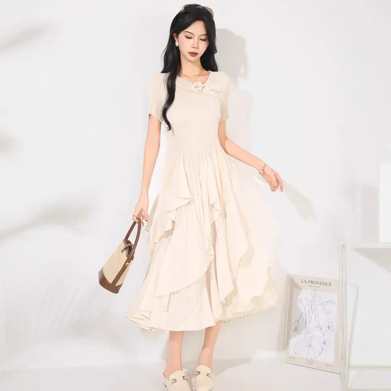LANMREM Summer Women's Pleated Ruffle Dress High-End Elastic Slimming Patchwork Design Round Neck Short Sleeve Clothing 20252155