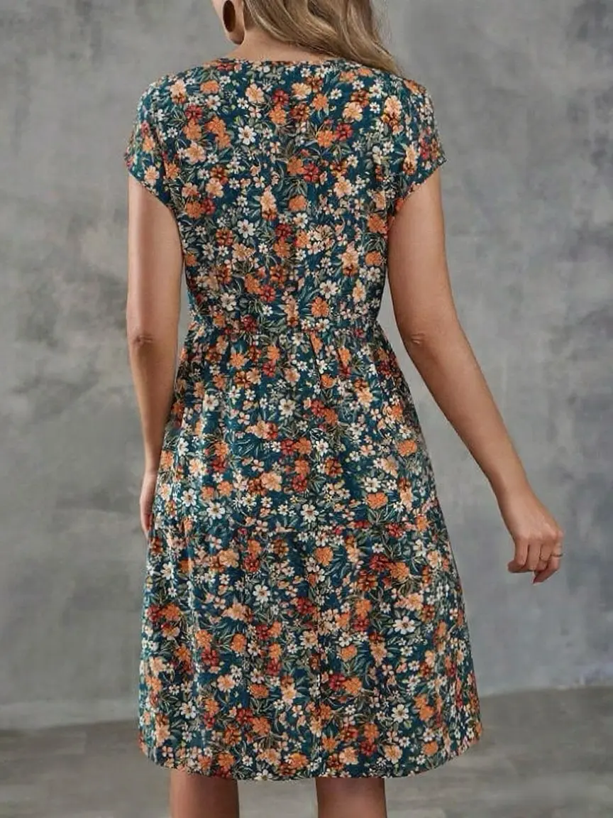 2025 Amazon Global New Women's Elegant Printed Elastic Waist Short Sleeve Round Neck Dress