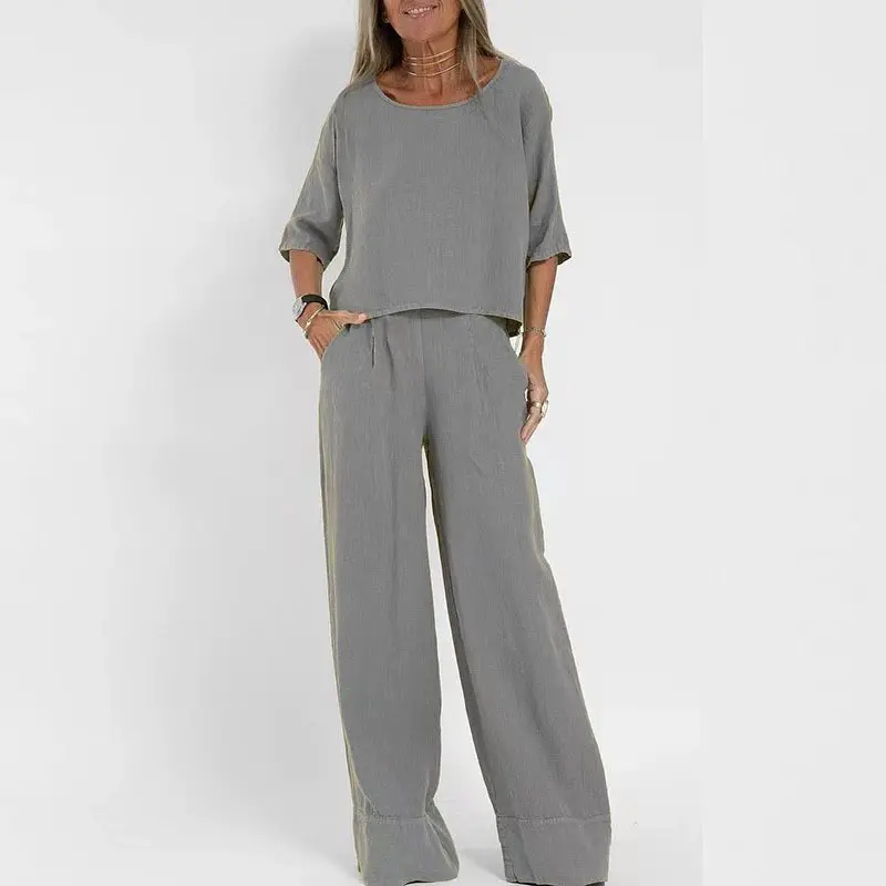 Casual fashion pocket trousers beach suit spring and summer short sleeve suit for women pure color linen two pieces