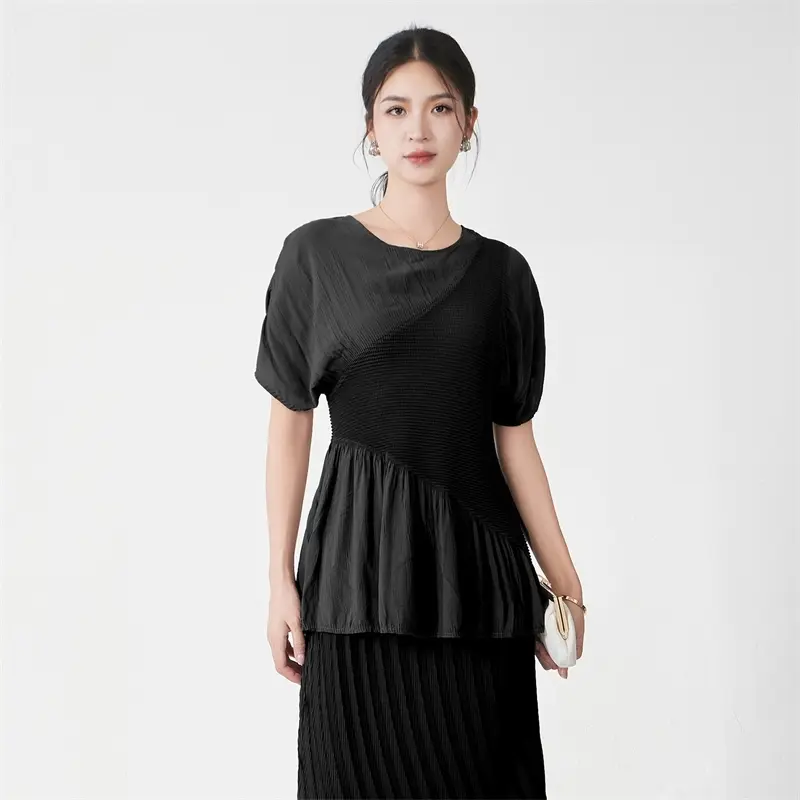 LANMREM Niche Chic Elastic Slim Waist Pleated Women's T-shirt 2025 New Design Short Sleeve Round Collar Grey Pullover Top DB4261