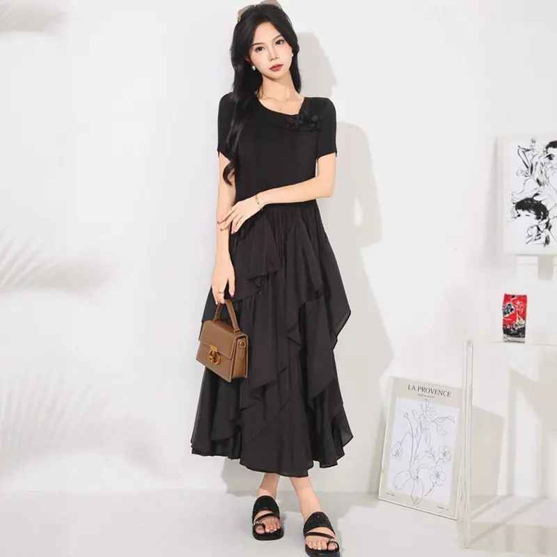 LANMREM Summer Women's Pleated Ruffle Dress High-End Elastic Slimming Patchwork Design Round Neck Short Sleeve Clothing 20252155