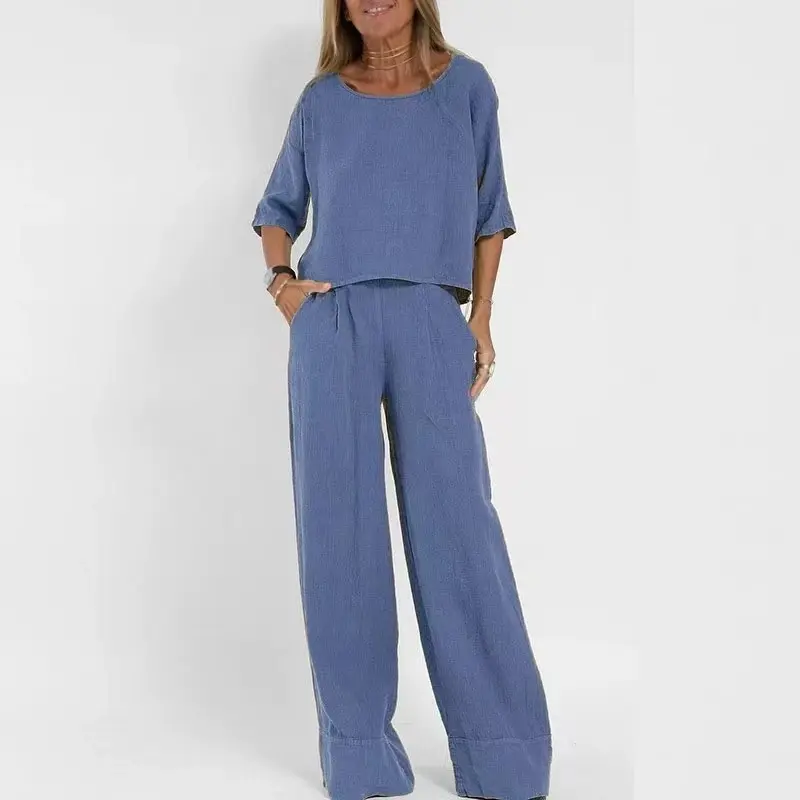 Casual fashion pocket trousers beach suit spring and summer short sleeve suit for women pure color linen two pieces