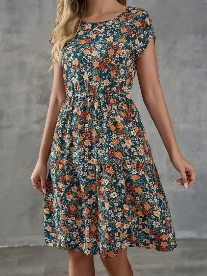2025 Amazon Global New Women's Elegant Printed Elastic Waist Short Sleeve Round Neck Dress