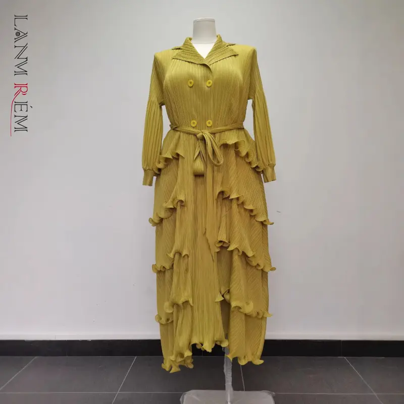 LANMREM High-end Pleated Stringy Selvedge Patchwork Women's Dress Fashion Casual Double Breasted Notched Collar Clothing 2DB4209