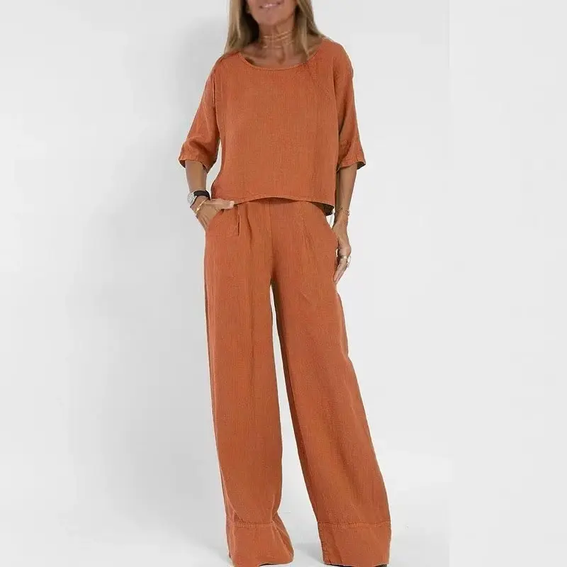 Casual fashion pocket trousers beach suit spring and summer short sleeve suit for women pure color linen two pieces