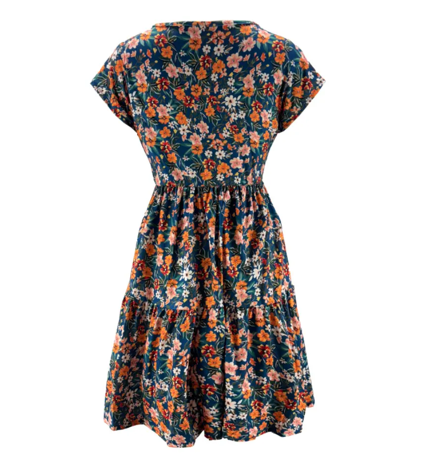 2025 Amazon Global New Women's Elegant Printed Elastic Waist Short Sleeve Round Neck Dress
