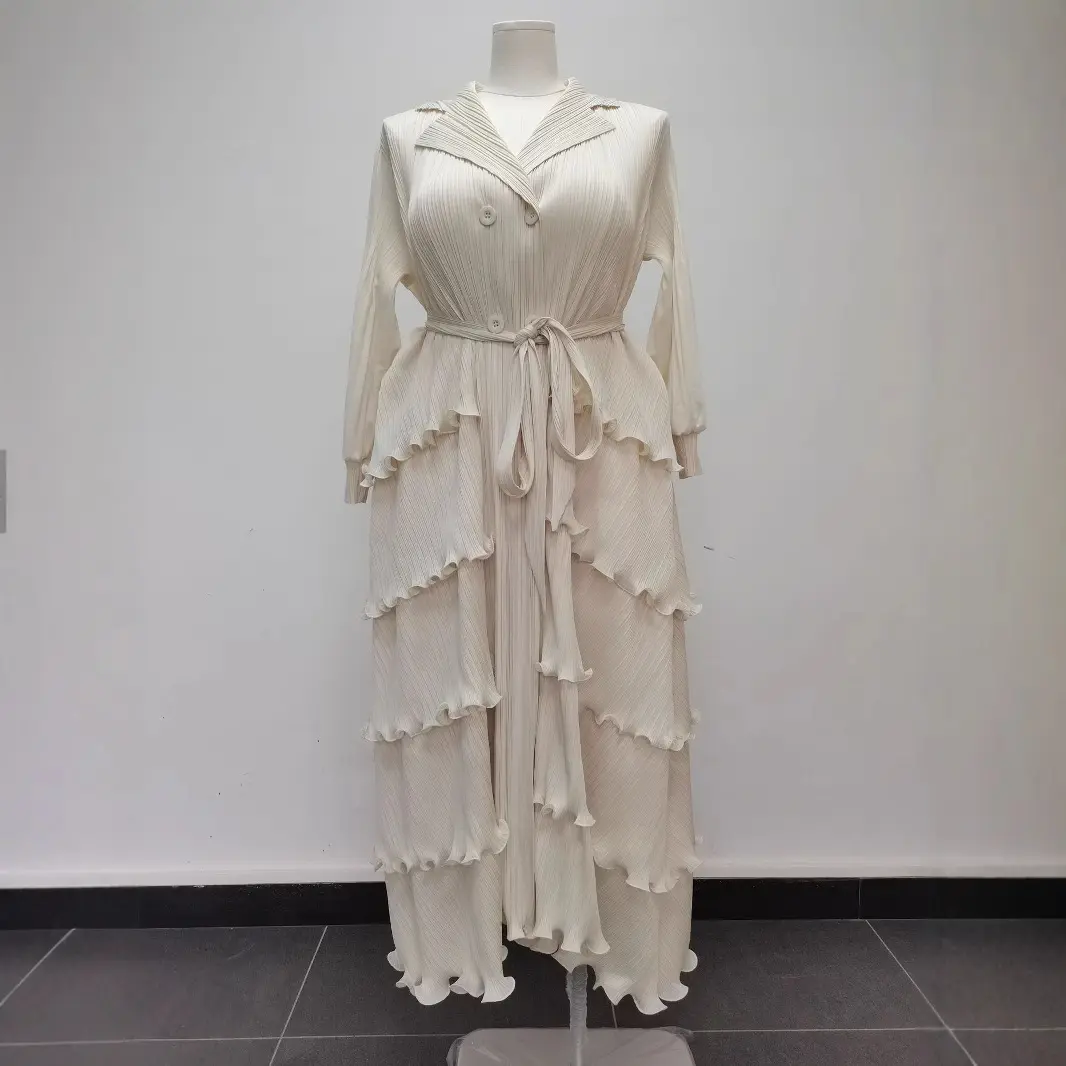 LANMREM High-end Pleated Stringy Selvedge Patchwork Women's Dress Fashion Casual Double Breasted Notched Collar Clothing 2DB4209