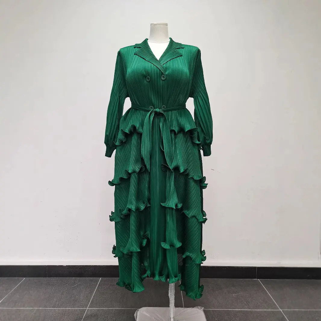 LANMREM High-end Pleated Stringy Selvedge Patchwork Women's Dress Fashion Casual Double Breasted Notched Collar Clothing 2DB4209