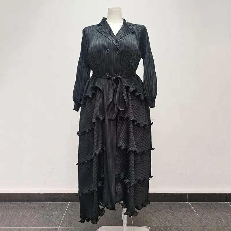 LANMREM High-end Pleated Stringy Selvedge Patchwork Women's Dress Fashion Casual Double Breasted Notched Collar Clothing 2DB4209