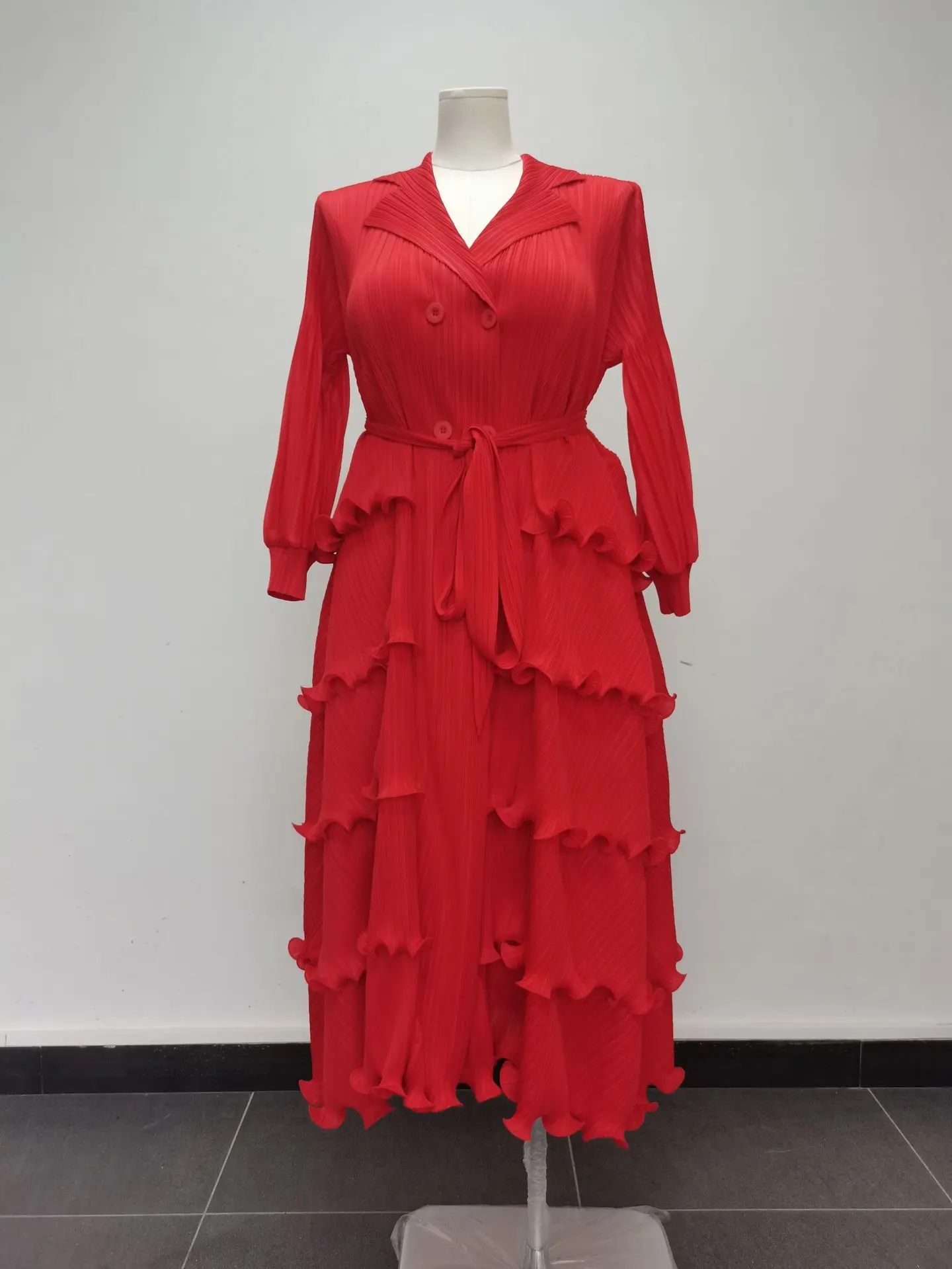 LANMREM High-end Pleated Stringy Selvedge Patchwork Women's Dress Fashion Casual Double Breasted Notched Collar Clothing 2DB4209