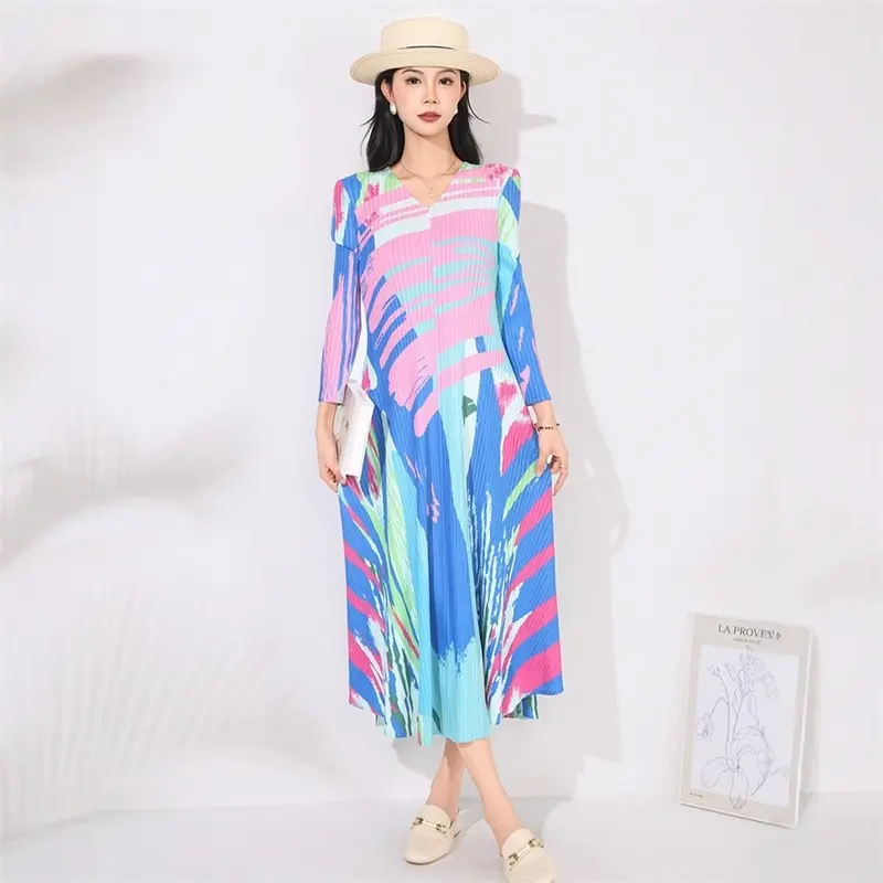 LANMREM Colorblock Print New Women's Pleated Dress V-neck Loose Three Quarter Sleeve Mid-length Dresses Famale A-line Dresses