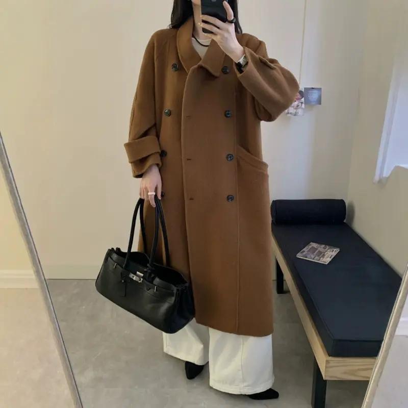 LANMREM Lapel Double-Breasted Long Sleeve Large Pocket Double Sided Wool Coat For Women Autumn Winter Chic Woolen Jacket 2DB4244