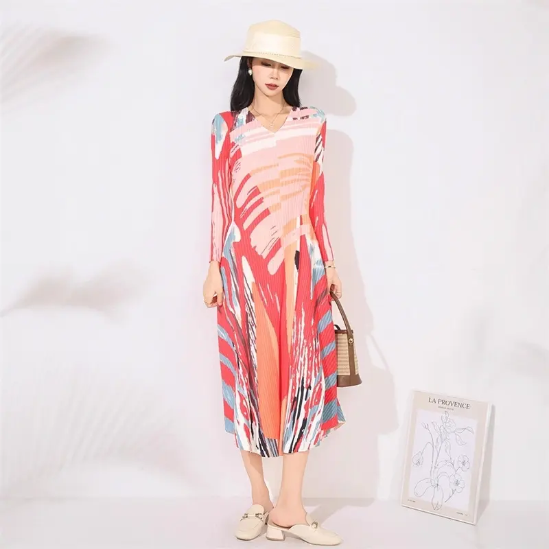 LANMREM Colorblock Print New Women's Pleated Dress V-neck Loose Three Quarter Sleeve Mid-length Dresses Famale A-line Dresses