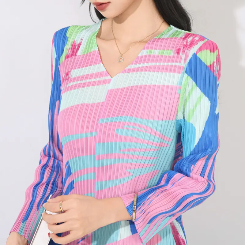 LANMREM Colorblock Print New Women's Pleated Dress V-neck Loose Three Quarter Sleeve Mid-length Dresses Famale A-line Dresses